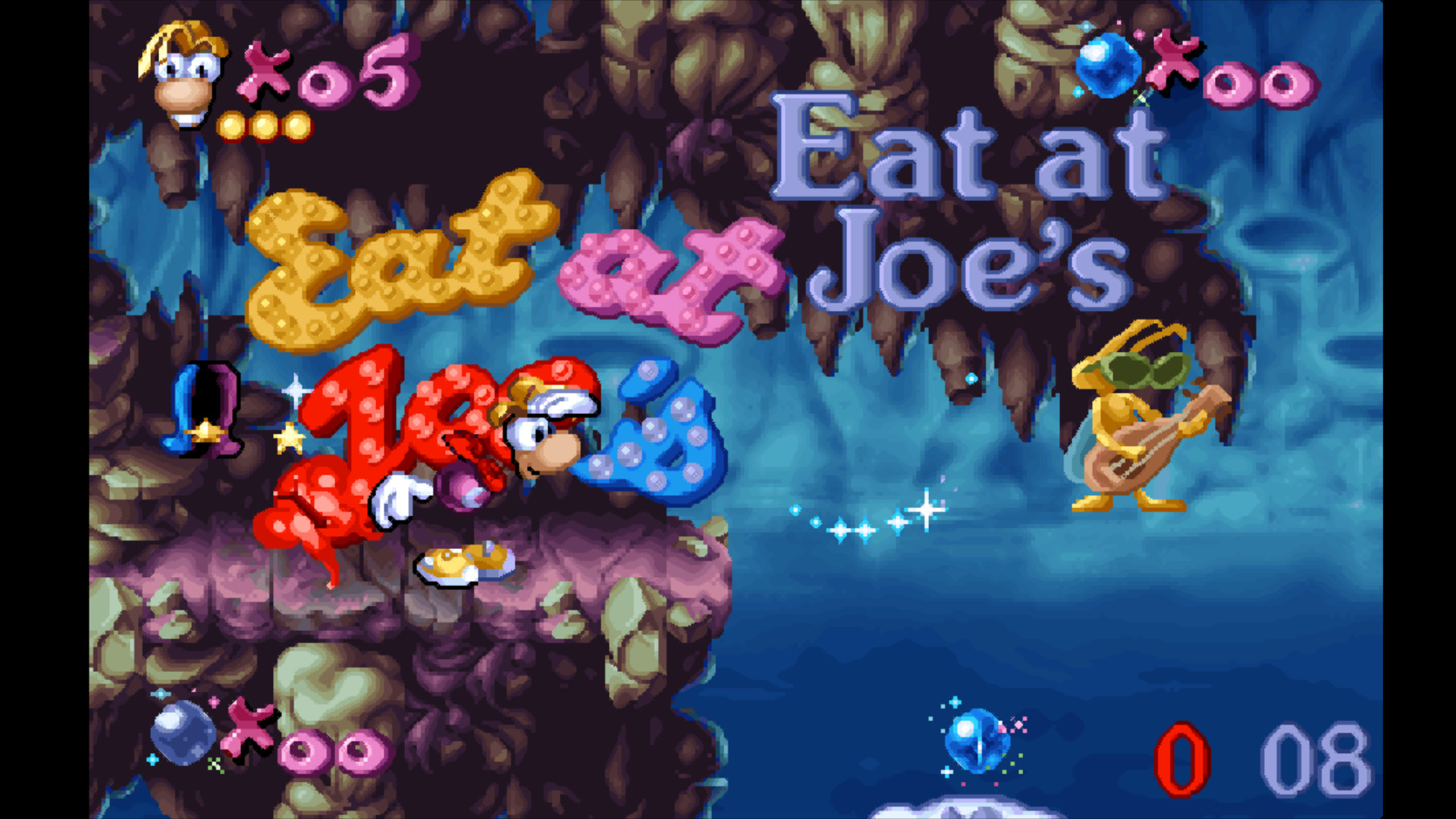 Rayman 1 and Edutainment objects inserted at the beginning of "Peaks and Rocks", as rendered in the game after the first round of EXE-patching