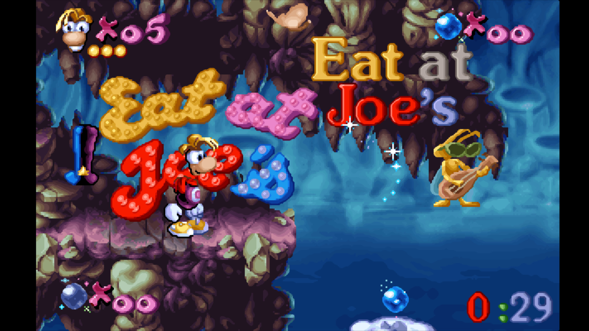 Rayman 1 and Edutainment objects inserted at the beginning of "Peaks and Rocks", as rendered in the game after the full patcher was run