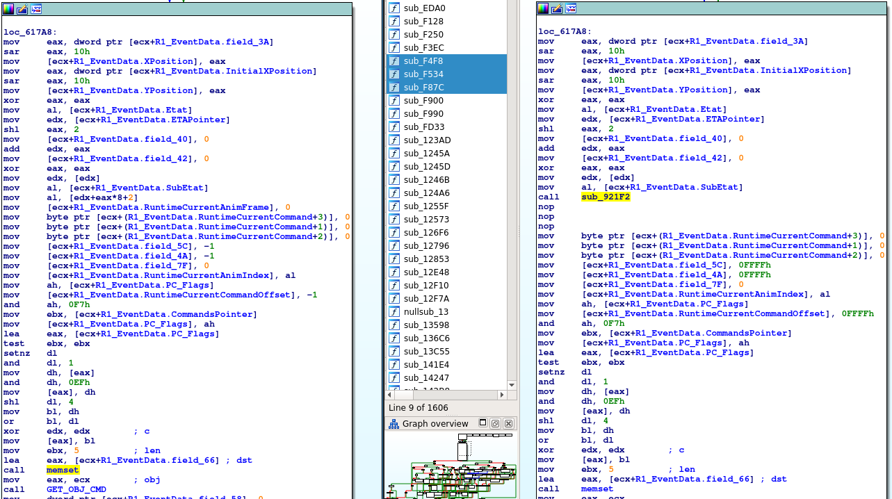 Dissassembly of the relevant part of the Rayman Designer obj_init function in the original (left) and patched (right) executables
