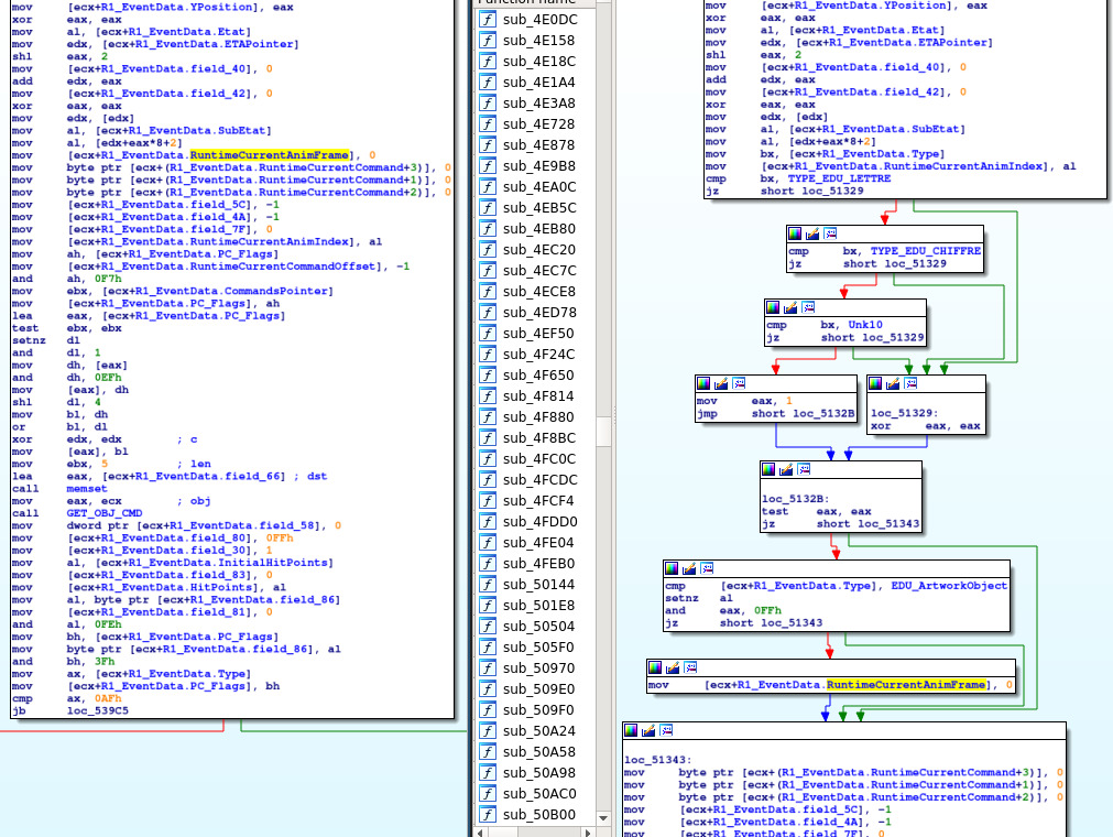 Side-by-side comparison of part of the obj_init function disassemblies in Rayman Designer (left) and Edutainment (right)